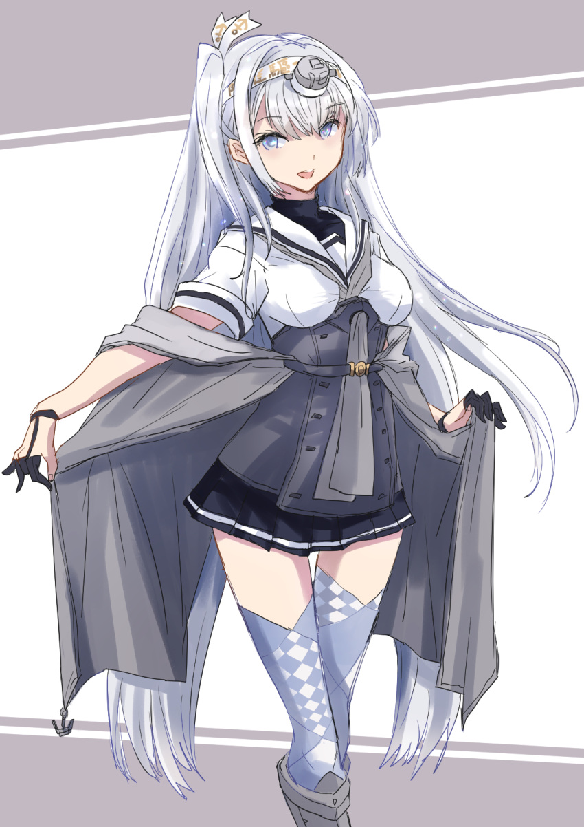 1girl black_gloves black_skirt clothes_writing commentary_request feet_out_of_frame fuji_(pixiv24804665) fuyutsuki_(kancolle) gloves grey_eyes grey_neckerchief hachimaki headband highres kantai_collection long_hair looking_at_viewer microskirt neckerchief one_side_up sailor_collar school_uniform serafuku silver_hair skirt solo standing thigh-highs white_headband white_sailor_collar