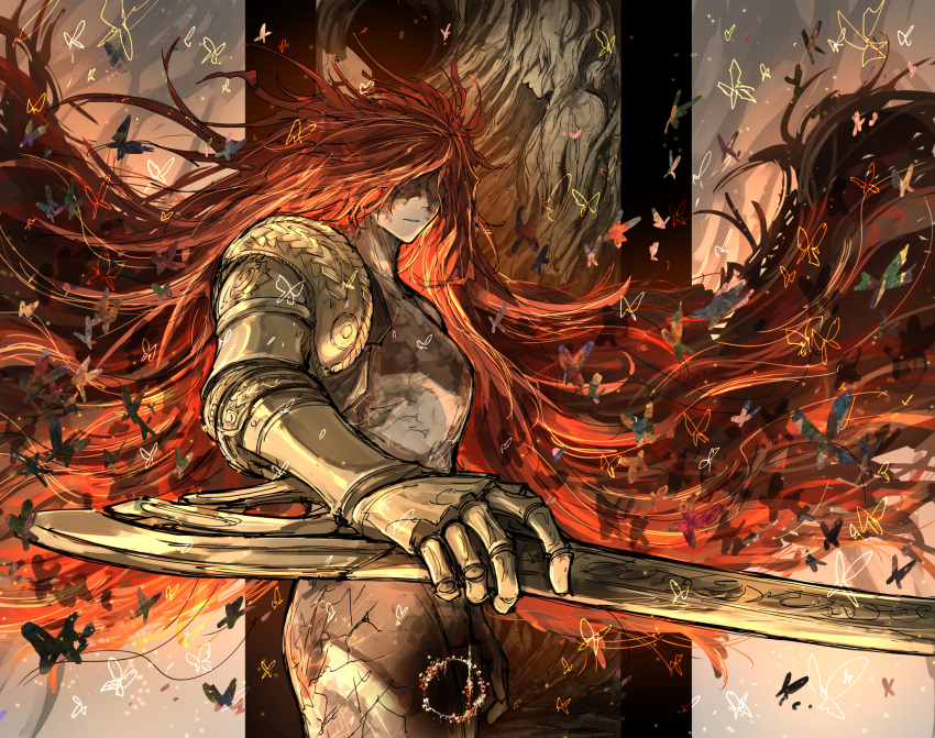 1girl bug burn_scar butterfly closed_mouth completely_nude cowboy_shot elden_ring facing_viewer great_rune_(elden_ring) highres holding holding_sword holding_weapon kan_(aaaaari35) long_hair malenia_blade_of_miquella malenia_goddess_of_rot miquella_(elden_ring) no_eyes nude prosthesis prosthetic_arm redhead scar solo spread_wings standing sword weapon