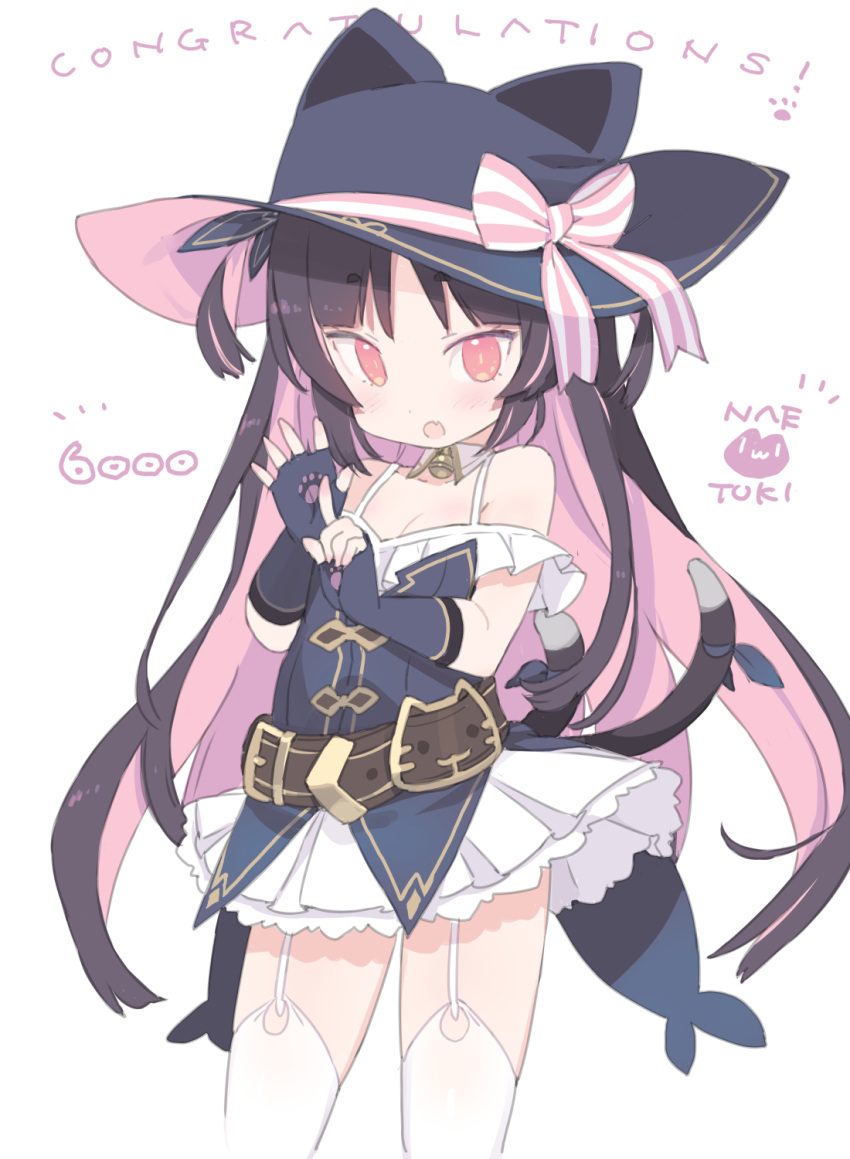 1girl :d animal_ears animal_hat bare_shoulders black_hair black_headwear blade_(galaxist) cat_ears cat_hat cat_tail commentary_request congratulations dress fake_animal_ears fang finger_counting garter_straps hands_up hat highres long_hair looking_at_viewer milestone_celebration multicolored_hair multiple_tails nekoyama_nae off-shoulder_dress off_shoulder pink_hair pleated_dress red_eyes simple_background smile solo standing tail thigh-highs toranoana two-tone_hair two_tails very_long_hair virtual_youtuber white_background white_dress white_legwear