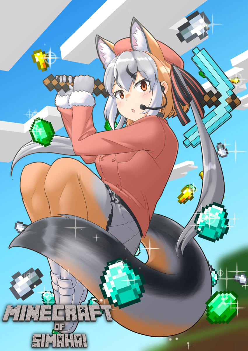 1girl absurdres animal_ears fox_ears fox_girl fox_tail gloves highres island_fox_(kemono_friends) kawanami_eito kemono_friends kemono_friends_v_project long_hair looking_at_viewer minecraft multicolored_hair necktie shirt silver_hair skirt tail twintails virtual_youtuber