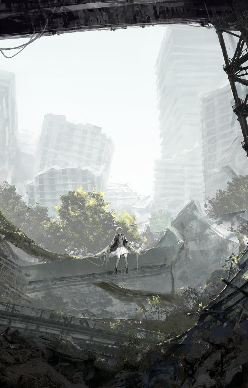 1girl absurdly_long_hair absurdres blonde_hair building day dress highres long_hair original outdoors post-apocalypse rsef ruins scenery shoes sitting solo tree very_long_hair white_dress wide_shot