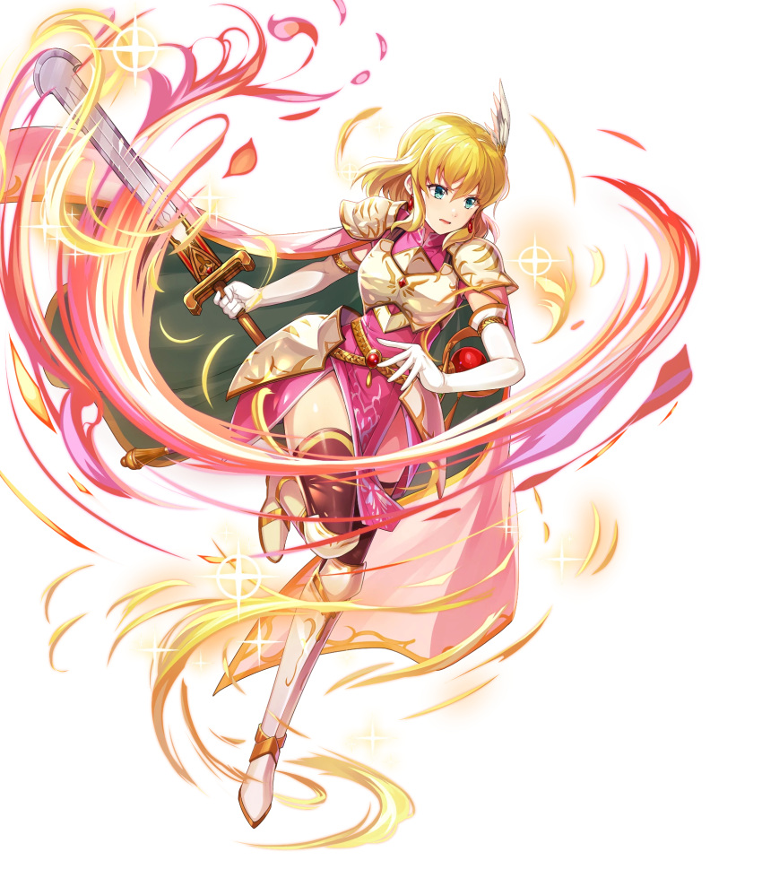 1girl armor artist_request bangs black_legwear blonde_hair blue_eyes breastplate cape dress elbow_gloves fire_emblem fire_emblem:_thracia_776 fire_emblem_heroes full_body gloves greaves highres holding holding_sword holding_weapon nanna_(fire_emblem) non-web_source official_art open_mouth pauldrons pink_cape pink_dress short_hair shoulder_armor solo sword thigh-highs transparent_background weapon white_gloves wing_hair_ornament