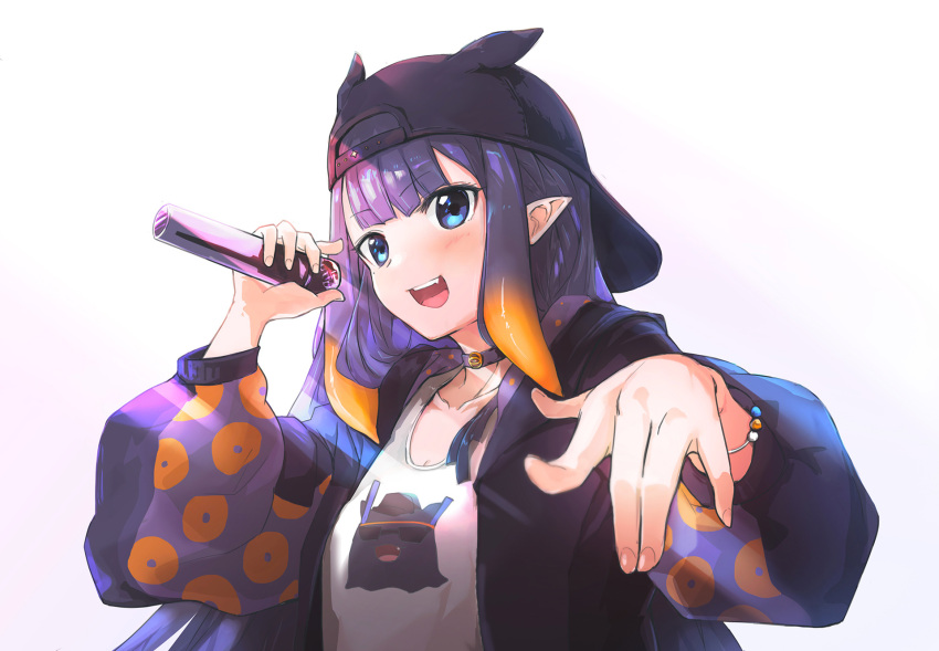 1girl :d \||/ alternate_costume backwards_hat bangs baseball_cap blunt_bangs blush choker collarbone fang hat highres holding holding_microphone hololive hololive_english hood hoodie long_hair long_sleeves looking_at_viewer microphone mole mole_under_eye ninomae_ina'nis open_mouth pointy_ears polka_dot_sleeves puffy_long_sleeves puffy_sleeves purple_choker purple_hair purple_hoodie rapping shirt sidelocks simple_background sleeve_cuffs smile solo sunglasses t-shirt tallgeese_(lgeesel) tareme teeth tentacle_hair upper_body upper_teeth very_long_hair violet_eyes virtual_youtuber white_background white_shirt