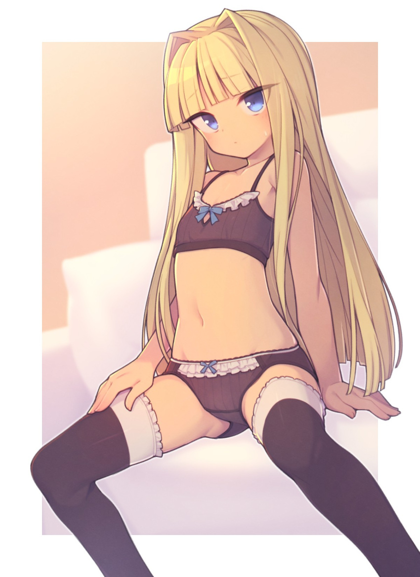 1girl arm_support bangs black_bra black_panties blonde_hair blue_eyes blunt_bangs blush bow bow_panties bra commentary_request commission couch everyntrge eyebrows_visible_through_hair feet_out_of_frame flat_chest frilled_bra frilled_legwear frilled_panties frills hair_intakes highres lingerie long_hair navel original panties pillow sitting skeb_commission solo sweatdrop thigh-highs underwear