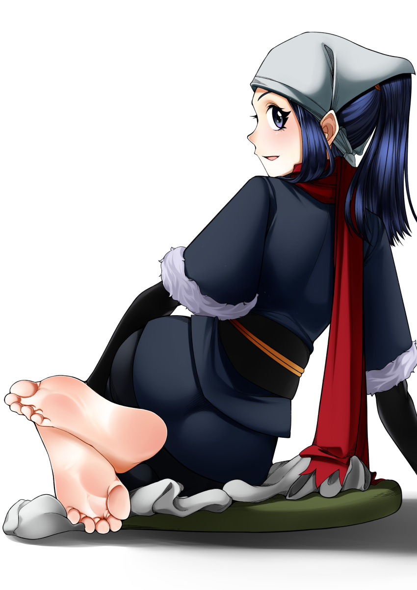 1girl absurdres akari_(pokemon) ass barefoot black_undershirt blue_eyes blue_hair blue_jacket chinese_commentary commentary_request feet feet_together from_behind head_scarf highres jacket japanese_clothes leaning_to_the_side legwear_removed long_hair looking_at_viewer numbery obi open_mouth pokemon pokemon_(game) pokemon_legends:_arceus ponytail red_scarf sash scarf shadow shiny shiny_hair short_sleeves sidelocks simple_background socks_removed soles solo toes white_background white_legwear