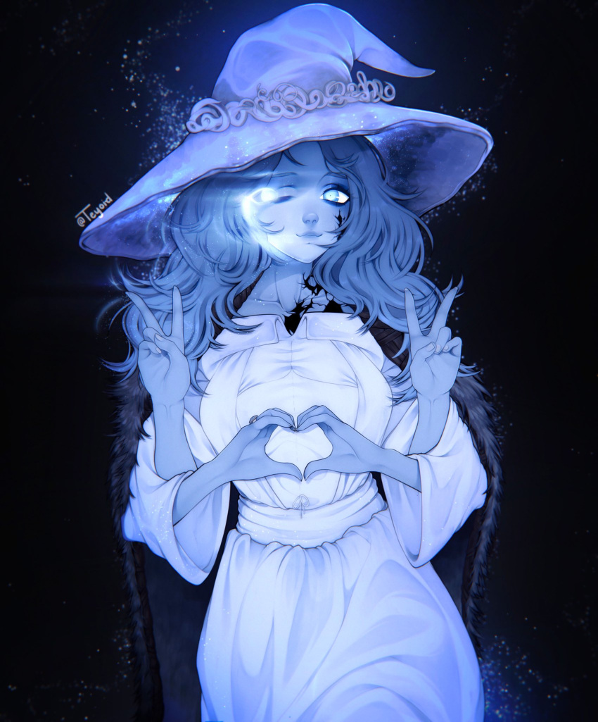 1girl blue_theme cloak closed_mouth collared_dress double_v dress elden_ring extra_arms extra_faces fur_cloak hat heart heart_hands highres long_dress looking_at_viewer monochrome off-shoulder_dress off_shoulder one_eye_closed ranni_the_witch smile solo standing teyoid twitter_username v white_dress witch_hat