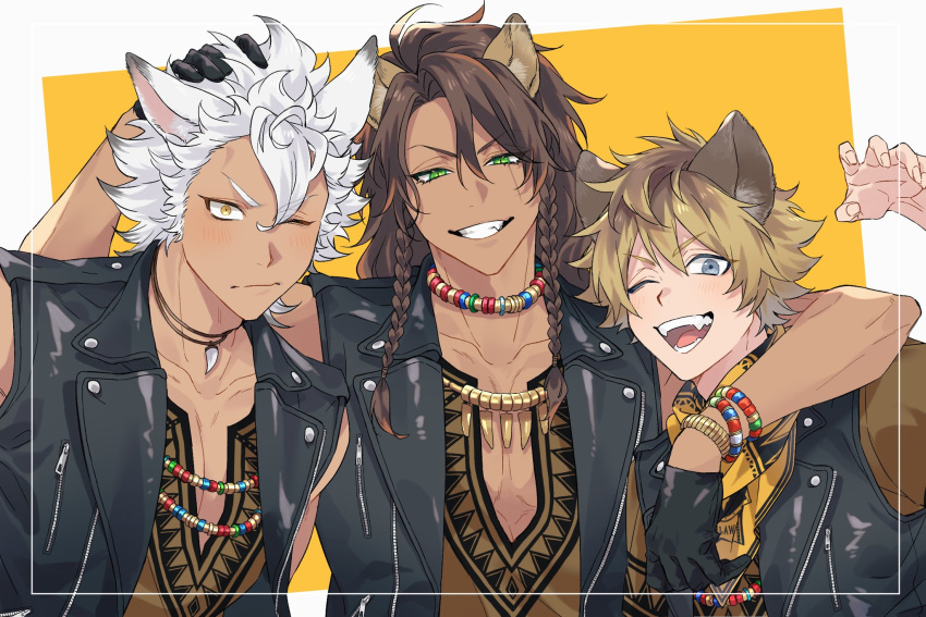 3boys ;d ;| african_clothes animal_ears arm_around_neck bead_bracelet bead_necklace beads biker_clothes black_gloves blonde_hair blue_eyes bracelet braid brown_hair claw_pose collarbone dark-skinned_male dark_skin dashiki fangs frown gloves gnb0102 gold_necklace green_eyes hair_between_eyes hand_in_another's_hair hand_on_another's_head highres hyena_boy hyena_ears jack_howl jewelry leather_vest leona_kingscholar light_blush lion_boy lion_ears long_bangs long_hair looking_at_viewer male_focus multiple_boys neckerchief necklace one_eye_closed pale_skin pectoral_cleavage pectorals ruggie_bucchi scar scar_across_eye short_hair short_sleeves sleeveless slit_pupils smile tooth_necklace tribal_print twin_braids twisted_wonderland two-tone_background v-shaped_eyebrows viewfinder white_background white_hair wolf_boy wolf_ears yellow_background yellow_eyes zipper