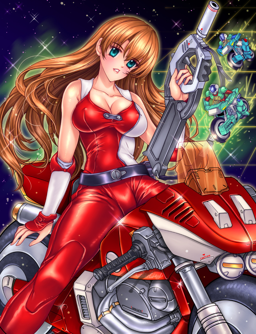 1980s_(style) 1girl 2boys biker blonde_hair blue_eyes body_armor bodysuit boots breasts brown_hair commentary energy_cannon energy_gun english_commentary gallant_h-90 ground_vehicle helmet highres houquet_et_rose john_r kikou_souseiki_mospeada looking_at_viewer machinery mecha missile_pod mospeada mospeada_(mecha) motor_vehicle motorcycle multiple_boys power_armor ray_(mospeada) ray_gun retro_artstyle riding robotech rook_bartley science_fiction shield shiny sky spacesuit sparkle star_(sky) starry_sky stick_bernard tire weapon