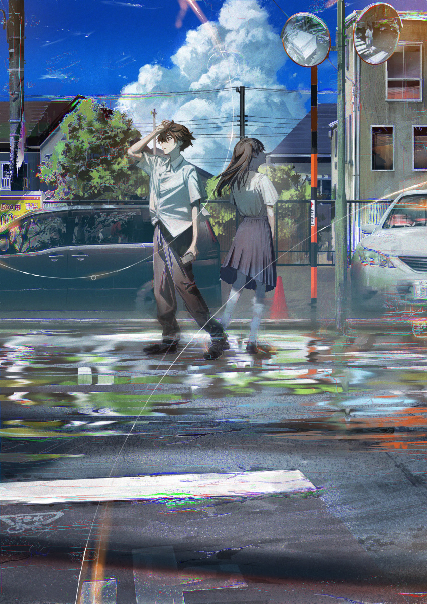 1boy 1girl absurdres arm_up black_pants blue_skirt blue_sky brown_hair car chromatic_aberration clouds commentary_request day ground_vehicle hand_on_own_head highres holding house long_hair long_skirt motor_vehicle original outdoors pants puddle road school_uniform shirt short_hair short_sleeves skirt sky syo5 utility_pole white_shirt