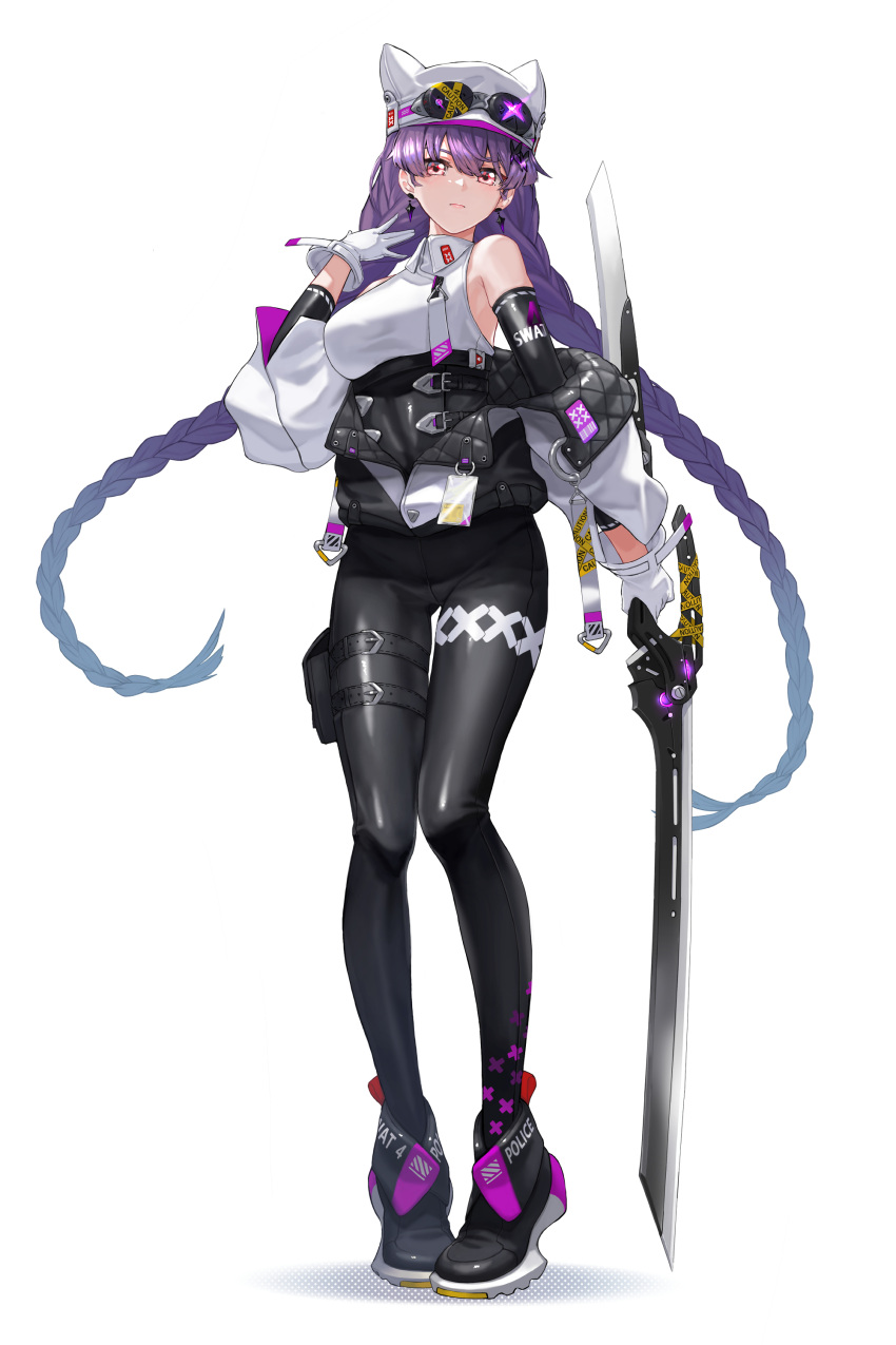 1girl absurdres alternate_costume bare_shoulders braid caution_tape counter:side earrings eyewear_on_headwear full_body gloves highres holding holding_sword holding_weapon jewelry lee_yumi_(counter:side) long_hair purple_hair red_eyes shadow solo sword thigh_pouch twin_braids weapon white_background white_gloves wing_(wingho)