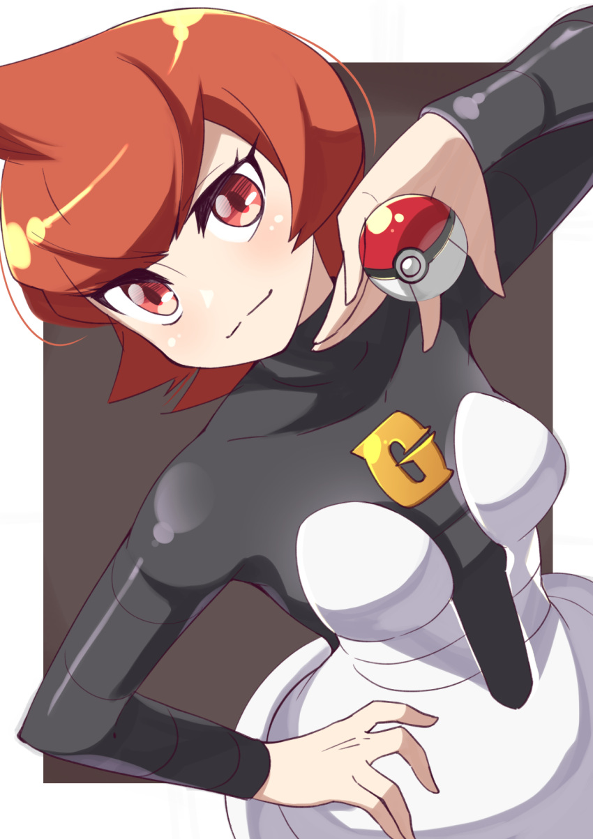 1girl 34_(sanjushi) black_legwear breasts closed_mouth grey_shirt hand_on_hip highres holding holding_poke_ball looking_at_viewer mars_(pokemon) medium_breasts pointy_hair poke_ball poke_ball_(basic) pokemon pokemon_(game) pokemon_dppt red_eyes redhead shirt short_hair skin_tight skirt smile smirk solo team_galactic team_galactic_uniform white_skirt