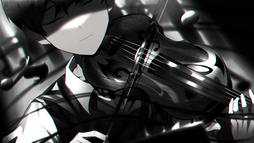 1boy absurdres black_hair black_vest bow_(music) closed_eyes collared_shirt commentary_request greyscale highres instrument korean_commentary male_focus monochrome music musical_note omori playing_instrument ppingko shirt short_hair solo sunny_(omori) vest violin white_shirt
