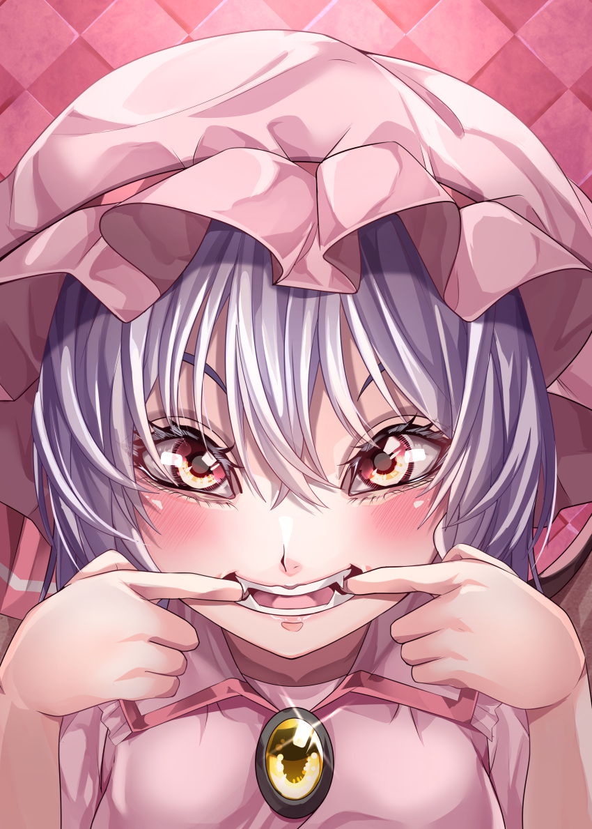 1girl absurdres blush breasts brooch checkered_background close-up collared_shirt commentary_request eyebrows_behind_hair fangs finger_in_own_mouth frilled_shirt_collar frills hair_between_eyes hat hat_ribbon highres jewelry looking_at_viewer lower_teeth maboroshi_mochi mob_cap mouth_pull open_mouth pink_eyes pink_headwear pink_shirt purple_hair red_ribbon remilia_scarlet ribbon shirt short_hair short_sleeves small_breasts solo teeth touhou upper_teeth yellow_brooch