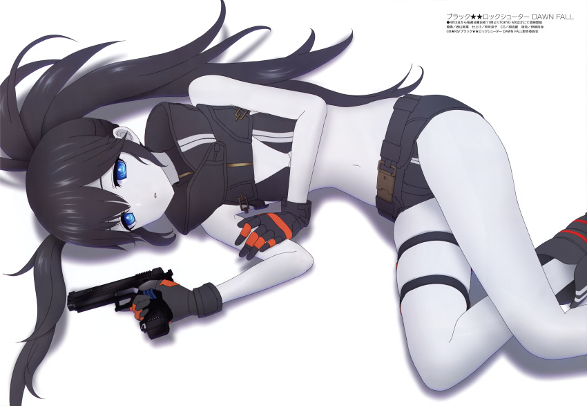 1girl absurdres artist_request bikini bikini_top_only black_hair black_rock_shooter black_rock_shooter_(character) black_shorts blue_eyes colored_skin grey_skin gun highres long_hair looking_at_viewer lying megami_magazine midriff official_art on_side pale_skin short_shorts shorts simple_background solo swimsuit twintails uneven_twintails weapon white_background
