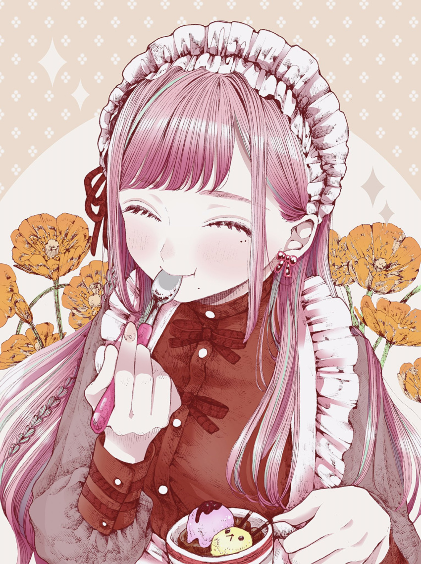 1girl blush bow bow_earrings braid closed_eyes closed_mouth cup earrings eating eyebrows_visible_through_hair fingernails flower food_request frills green_hair hatching_(texture) highres holding holding_cup holding_spoon jewelry long_hair maid maid_headdress mole mole_under_eye mole_under_mouth multicolored_hair orange_flower original patterned_background pink_hair red_bow roroichi smile solo sparkle spoon streaked_hair upper_body