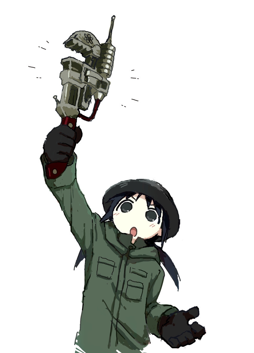 1girl absurdres auksechan black_eyes black_gloves black_hair blush brodie_helmet chito_(shoujo_shuumatsu_ryokou) coat eureka_effect gloves green_coat helmet highres holding holding_wrench military_coat military_helmet open_mouth shoujo_shuumatsu_ryokou simple_background solo team_fortress_2 twintails white_background wrench