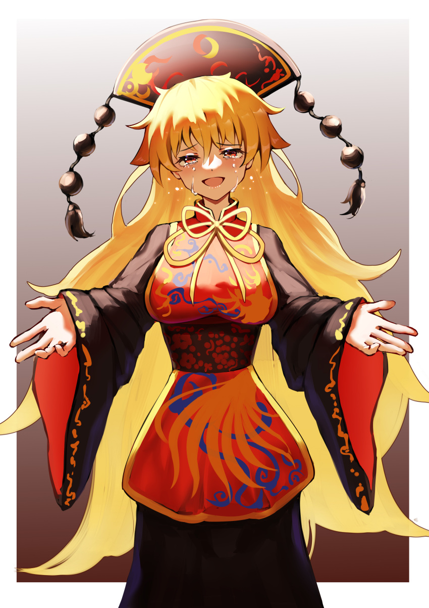 1girl :d absurdres ailu_elf black_dress blonde_hair blush border breasts chinese_clothes crying crying_with_eyes_open dress gradient gradient_background hat highres junko_(touhou) long_hair long_sleeves looking_at_viewer open_mouth outside_border red_eyes simple_background smile solo streaming_tears tabard tears touhou very_long_hair white_border wide_sleeves