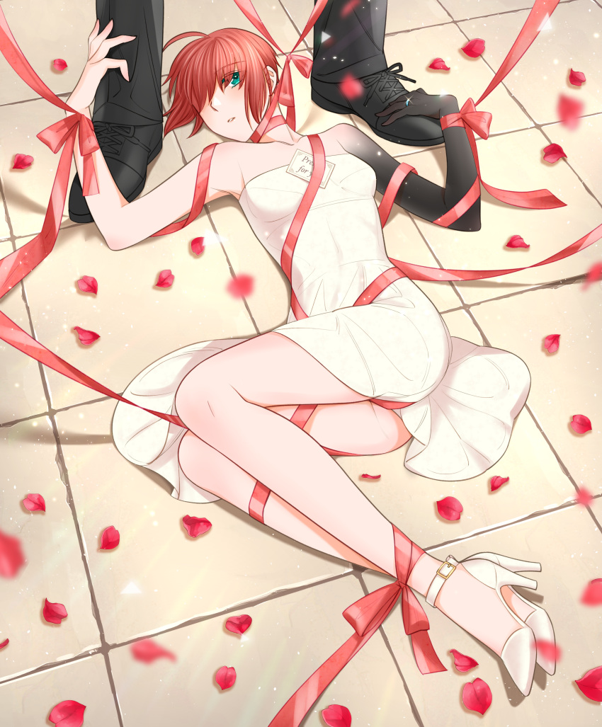 1boy 1girl absurdres ahoge ankle_strap bound breasts card dress ellias_ainsworth green_eyes hair_over_eyes hatori_chise high_heels highres lying mahou_tsukai_no_yome on_back on_floor petals red_ribbon redhead ribbon ribbon_bondage rose_petals short_hair sieben_7 small_breasts solo_focus strapless strapless_dress