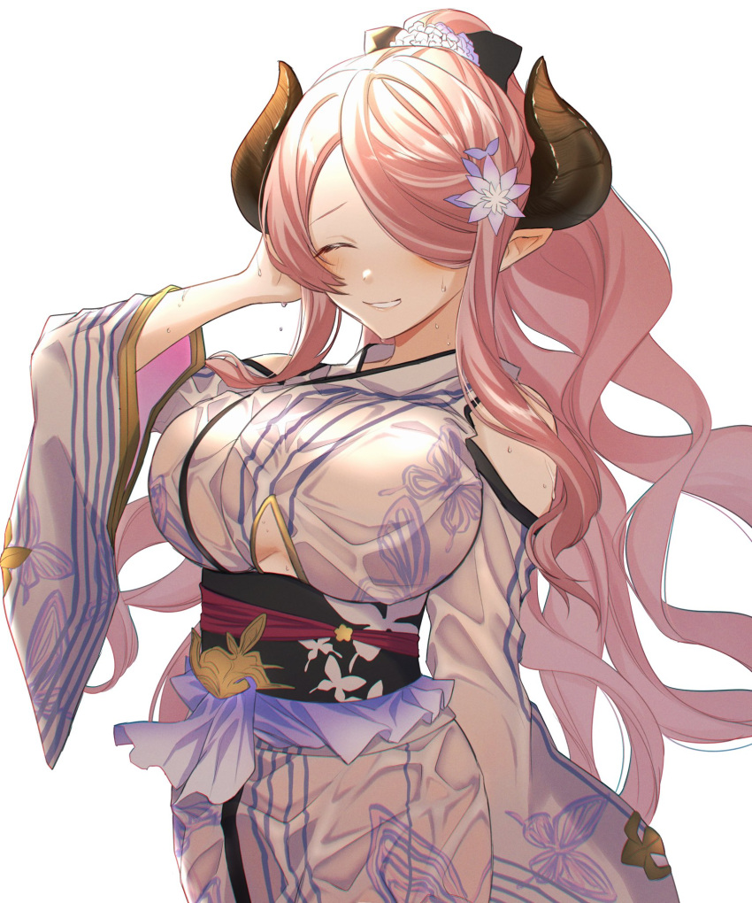 1girl a_guseon breasts closed_eyes draph gold_trim granblue_fantasy hair_over_one_eye highres horns japanese_clothes kimono large_breasts light_purple_hair long_hair low_tied_hair narmaya_(granblue_fantasy) pointy_ears ponytail purple_hair solo white_background white_kimono