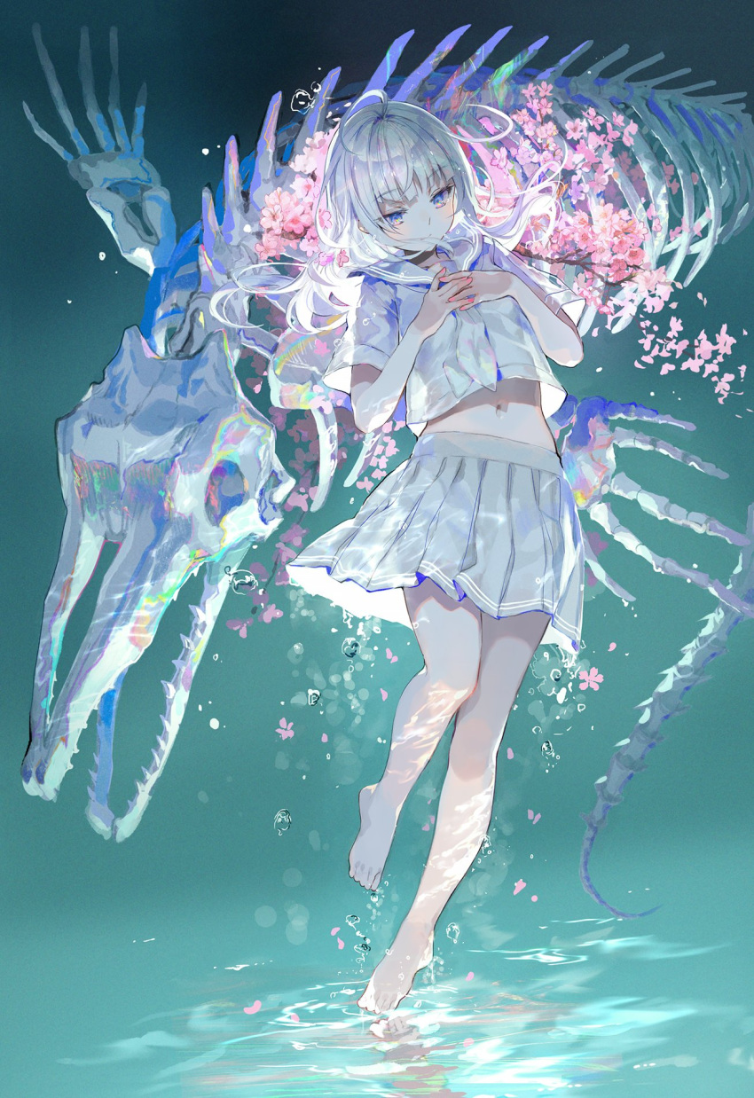 1girl ahoge aqua_background backlighting bangs barefoot blue_eyes blush bubble caustics cherry_blossoms closed_mouth commentary_request expressionless eyebrows_visible_through_hair feet flat_chest flower full_body fuzichoco gradient gradient_background hands_up highres interlocked_fingers jpeg_artifacts knees_together_feet_apart leg_up long_hair midriff miniskirt nail_polish navel neckerchief original own_hands_together petals pink_flower pink_nails pleated_skirt sailor_collar school_uniform see-through_silhouette serafuku shirt short_sleeves sidelocks skeleton skirt solo stomach underwater upside-down white_hair white_neckerchief white_sailor_collar white_shirt white_skirt
