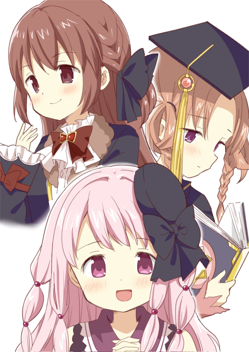 3girls :d ascot bangs beret black_headwear black_ribbon book braid brown_eyes brown_hair dot_nose eyebrows_visible_through_hair frilled_sleeves frills fur_trim furrowed_brow hair_bobbles hair_ornament hair_ribbon hair_rings hat hat_ribbon head_down highres hiiragi_nemu holding holding_book interlocked_fingers light_blush light_brown_hair long_hair long_sleeves looking_at_viewer looking_away looking_down low_twin_braids magia_record:_mahou_shoujo_madoka_magica_gaiden mahou_shoujo_madoka_magica mortarboard multiple_braids multiple_girls neck_ribbon open_book open_mouth outline own_hands_clasped own_hands_together parted_bangs pink_eyes pink_hair red_ribbon ribbon sad satomi_touka shade simple_background sleeve_ribbon smile smirk soul_gem swept_bangs tamaki_ui tassel tsubaki_(tatajd) twin_braids upper_body white_ascot white_background white_outline wide_sleeves