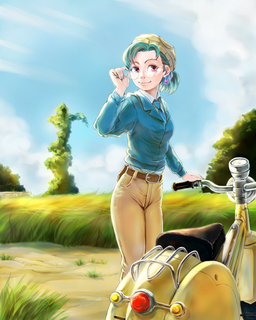 1girl adjusting_eyewear belt clouds day earrings glasses grass green_hair ground_vehicle hat hatsuseno_alpha highres jewelry motor_vehicle necktie outdoors pants ponytail redcompressor scooter sky smile solo vespa yokohama_kaidashi_kikou