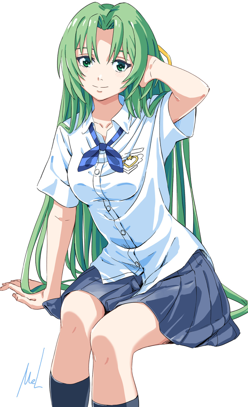 1girl bangs black_legwear black_skirt blue_bow bow breasts collared_shirt green_eyes green_hair hair_ribbon hand_in_own_hair highres higurashi_no_naku_koro_ni jewelry kneehighs long_hair looking_at_viewer mac_naut necklace pleated_skirt ribbon shirt skirt solo sonozaki_shion uniform white_background white_shirt yellow_ribbon