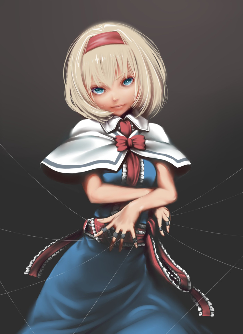 1girl alice_margatroid bangs belt blonde_hair blue_dress blue_eyes bow bowtie breasts capelet closed_mouth commentary_request crossed_arms dress eyebrows_visible_through_hair frills gradient gradient_background grey_background hair_between_eyes hairband highres kawayabug looking_at_viewer medium_breasts red_belt red_bow red_bowtie red_hairband short_hair short_sleeves smile solo standing touhou white_capelet