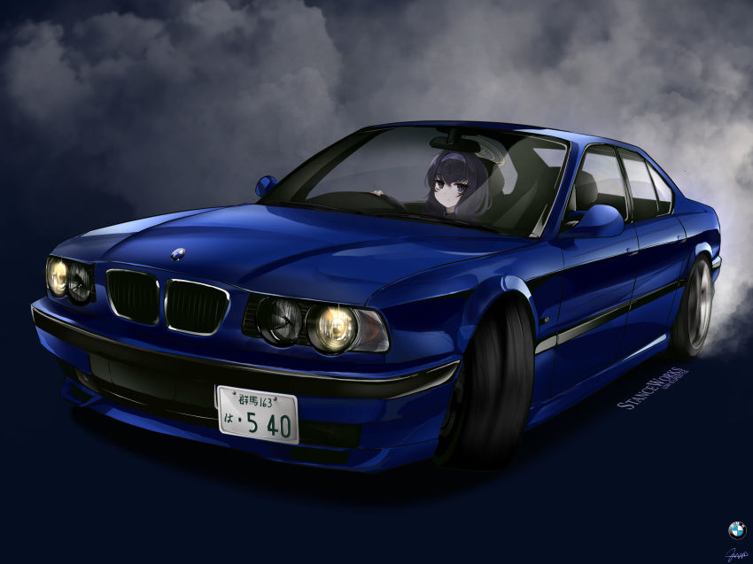 1girl 73r1r1 bags_under_eyes black_hair blue_archive blue_background bmw bmw_m5 car closed_mouth driving expressionless ground_vehicle hairband halo highres motor_vehicle purple_hairband signature simple_background smoke striped striped_hairband ui_(blue_archive) vehicle_focus violet_eyes
