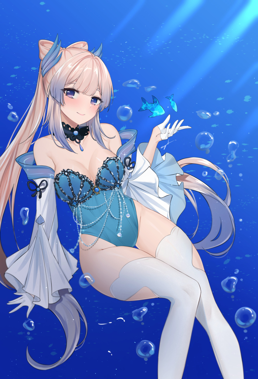 1girl bare_shoulders blue_background blue_eyes blue_leotard breasts bubble covered_navel detached_collar detached_sleeves fish genshin_impact gradient_hair highleg highleg_leotard highres leotard long_hair long_sleeves looking_at_viewer medium_breasts multicolored_hair pink_hair sangonomiya_kokomi school_of_fish solo strapless strapless_leotard sunny721 thigh-highs thigh_gap thighs twintails underwater very_long_hair water white_legwear wide_sleeves