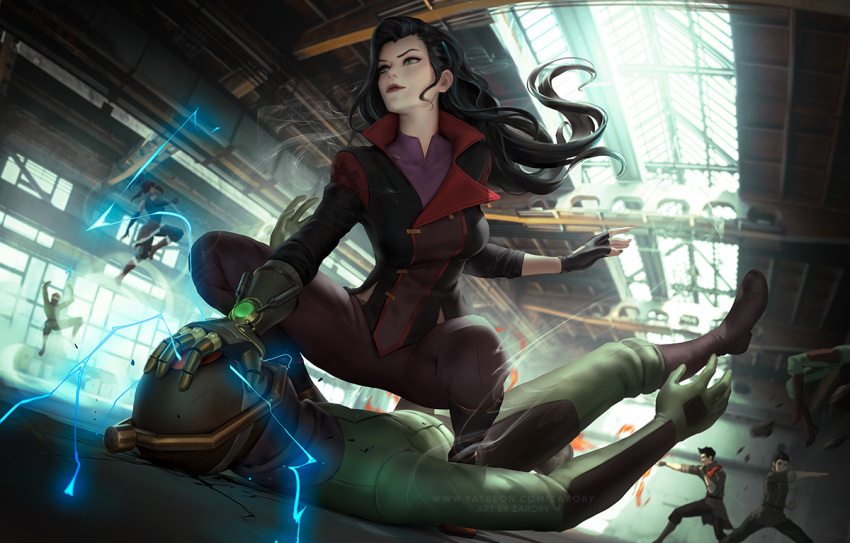 asami_sato avatar_(series) black_hair blurry blurry_background bolin electricity element_bending fighting fighting_stance fingerless_gloves gauntlets gloves hand_on_another's_face korra long_hair mako_(avatar) mask midair pinned reward_available single_gauntlet the_legend_of_korra warehouse zarory