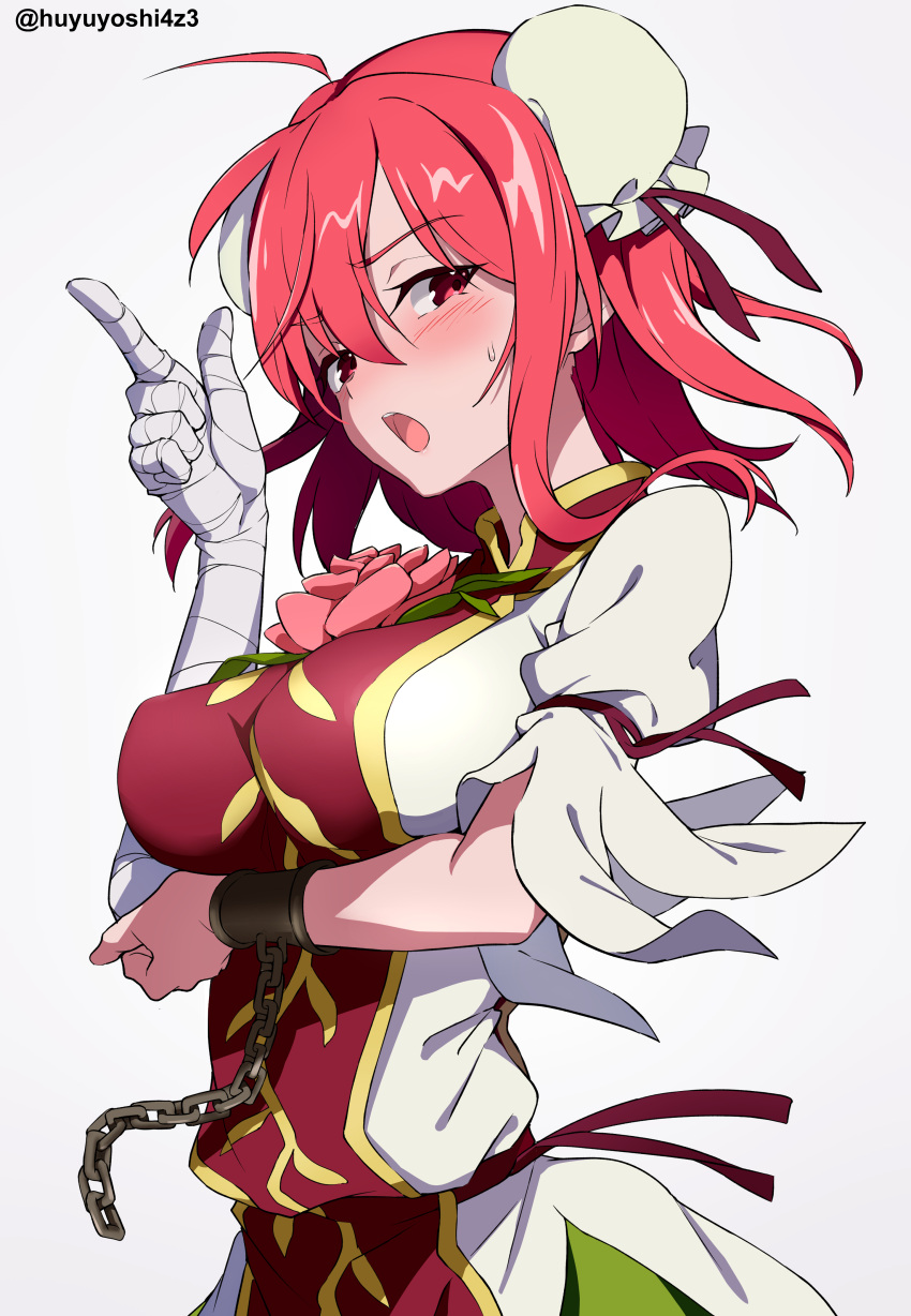 1girl absurdres ahoge arm_under_breasts bandaged_arm bandages bangs blush breasts bun_cover cuffs double_bun eyebrows_visible_through_hair hair_between_eyes highres ibaraki_kasen index_finger_raised large_breasts looking_at_viewer open_mouth pink_eyes pink_hair shackles short_hair short_sleeves simple_background solo sweatdrop tabard touhou twitter_username upper_body white_background yoshinatsu