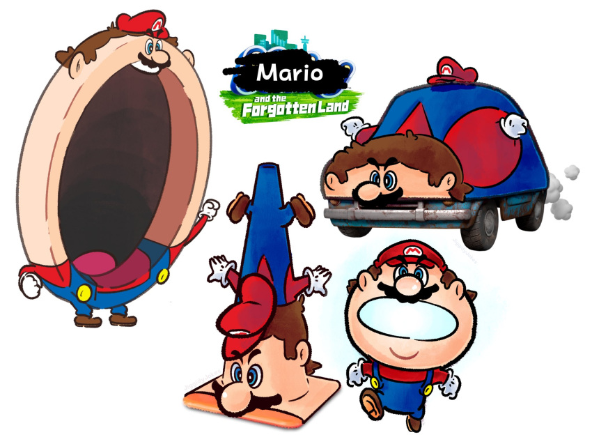 brown_hair car crossover facial_hair gloves ground_vehicle hat highres jiggidyjakes kirby_(series) kirby_and_the_forgotten_land mario motor_vehicle mouthful_mode multiple_views mustache nintendo open_mouth red_headwear simple_background super_mario_bros. teeth traffic_cone white_background white_gloves