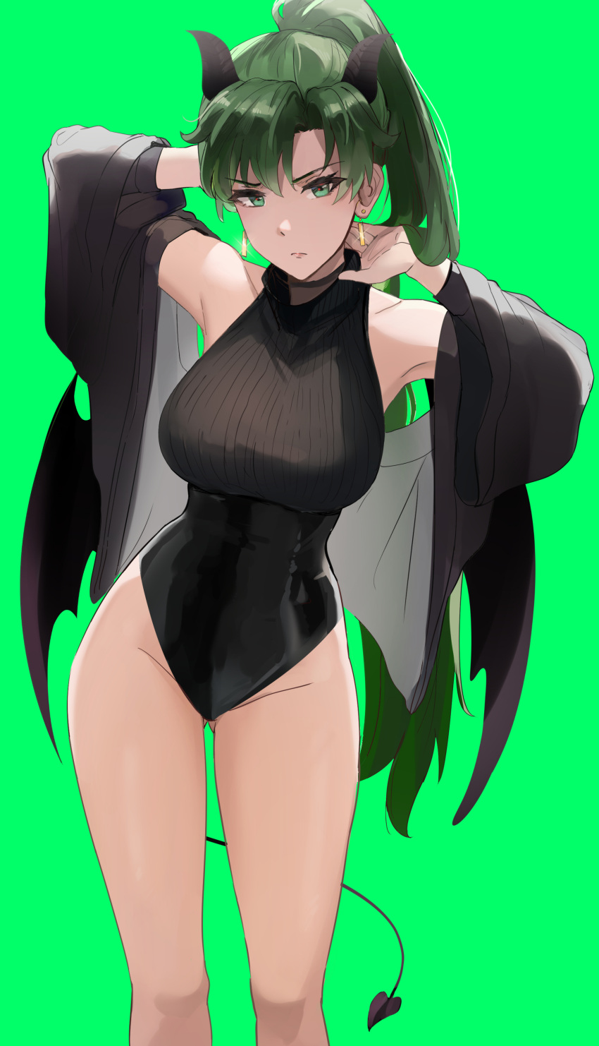 1girl absurdres alternate_costume black_jacket black_leotard breasts closed_mouth demon_girl demon_horns demon_tail demon_wings duplicate earrings fire_emblem fire_emblem:_the_blazing_blade green_background green_eyes green_hair halloween halloween_costume hands_up highres horns jacket jewelry large_breasts leotard long_hair looking_at_viewer lyn_(fire_emblem) ormille pixel-perfect_duplicate ponytail simple_background solo sweater tail very_long_hair wings
