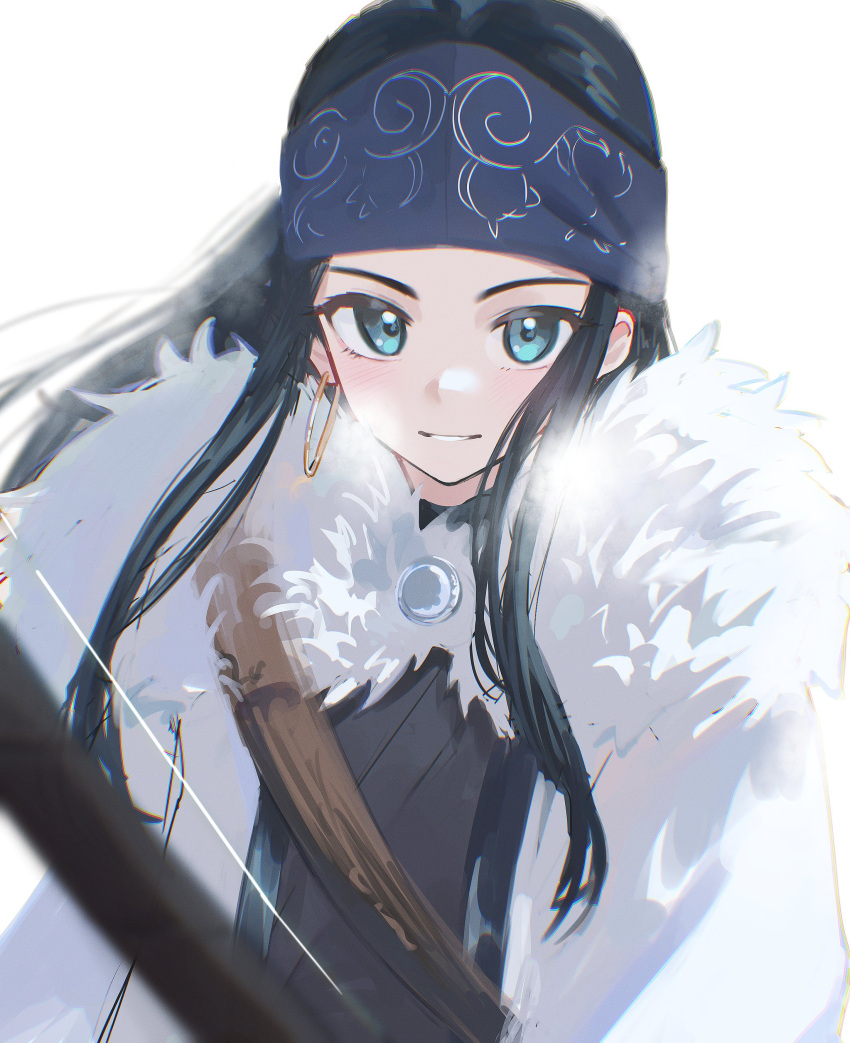 1girl absurdres ainu ainu_clothes aqua_eyes asirpa bandana black_hair blue_bandana bow_(weapon) breath cape earrings fur_cape golden_kamuy highres hoop_earrings jewelry kurobeko_(kur0bek0) long_hair looking_at_viewer parted_lips simple_background solo upper_body weapon white_background white_cape