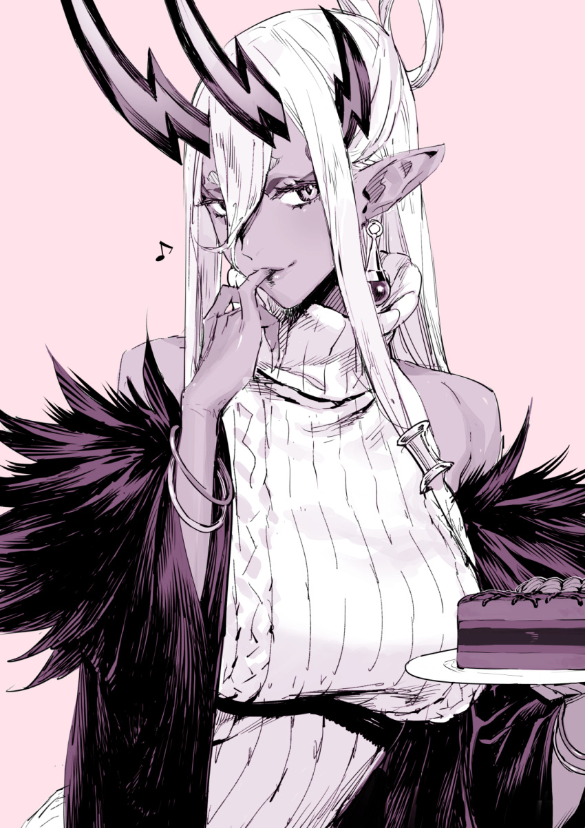 1girl bangle bangs bracelet breasts earrings fate/grand_order fate_(series) finger_in_own_mouth greyscale_with_colored_background hair_between_eyes highres horns ibuki_douji_(fate) jewelry large_breasts long_hair monochrome pink_background pointy_ears ribbed_sweater simple_background sleeveless sleeveless_sweater solo sweater takuan_(takuanlunch) turtleneck turtleneck_sweater type-moon upper_body