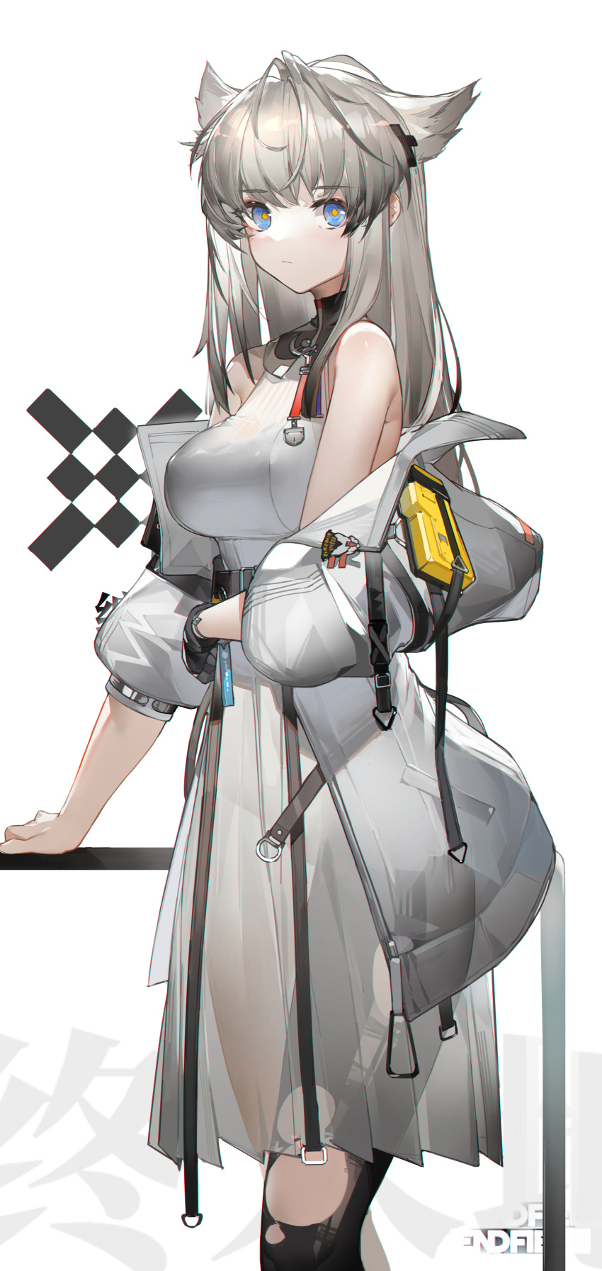 1girl absurdres animal_ears arknights arknights:_endfield bangs bare_shoulders black_legwear blue_eyes breasts cat_ears commentary_request dress eyebrows_visible_through_hair feet_out_of_frame highres jacket large_breasts long_hair long_sleeves looking_at_viewer off_shoulder perlica_(arknights) silver_hair simple_background single_leg_pantyhose solo standing torn_clothes torn_legwear white_background white_dress white_jacket yushi_quetzalli