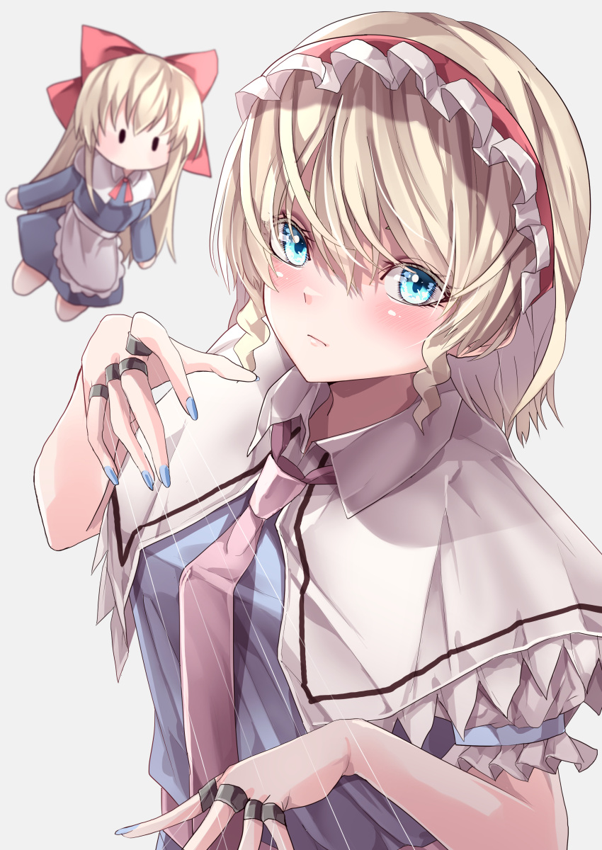 absurdres alice_margatroid apron blonde_hair blue_dress blue_eyes blue_nails bow capelet closed_mouth dress eyebrows_behind_hair frilled_apron frilled_hairband frilled_sleeves frills grey_background hair_between_eyes hair_bow hairband highres jewelry looking_at_viewer maboroshi_mochi nail_polish necktie puffy_short_sleeves puffy_sleeves puppet_rings puppet_strings red_bow red_hairband red_necktie ring shanghai_doll short_sleeves simple_background solid_oval_eyes touhou upper_body waist_apron white_apron white_capelet