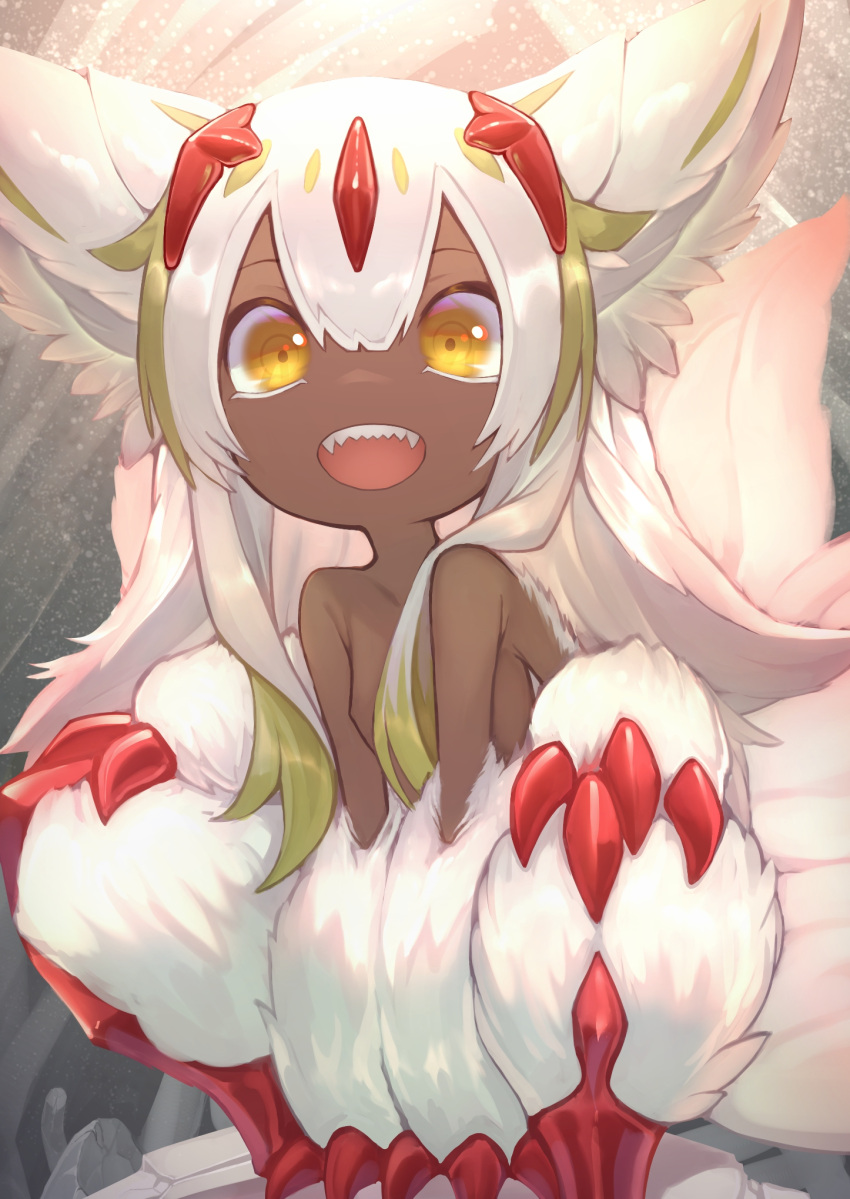 1girl :d akuma_(st.takuma) animal_ears bangs breasts claws commentary dark-skinned_female dark_skin extra_arms fangs faputa fur hair_between_eyes highres long_hair looking_at_viewer made_in_abyss monster_girl multiple_tails nude open_mouth sharp_teeth small_breasts smile solo squatting tail teeth white_fur white_hair yellow_eyes