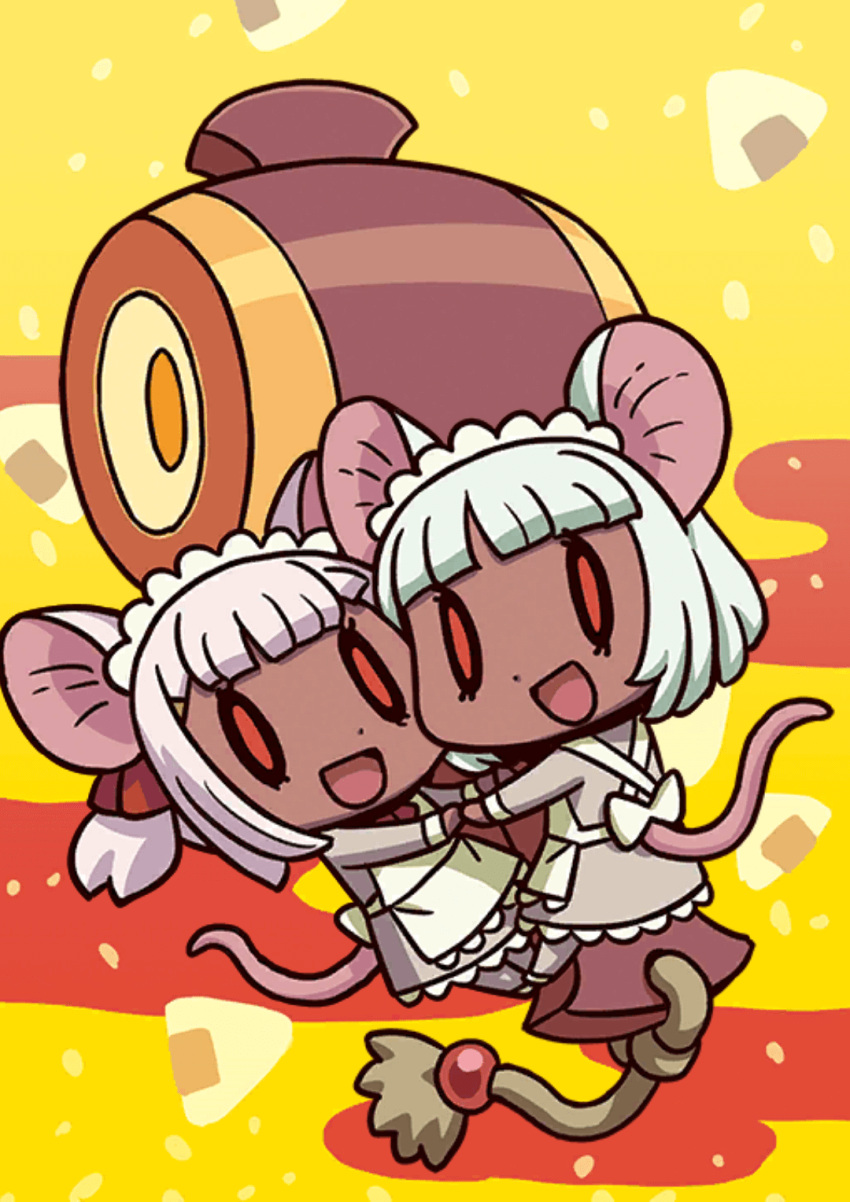 2girls animal_ears april_fools chibi dark-skinned_female dark_skin dress fate/grand_order fate_(series) hammer highres holding_hands looking_at_viewer maid maid_headdress mouse_ears mouse_girl mouse_tail multiple_girls official_art red_eyes riyo_(lyomsnpmp) riyo_servant_(mice)_(fate) smile tail white_hair