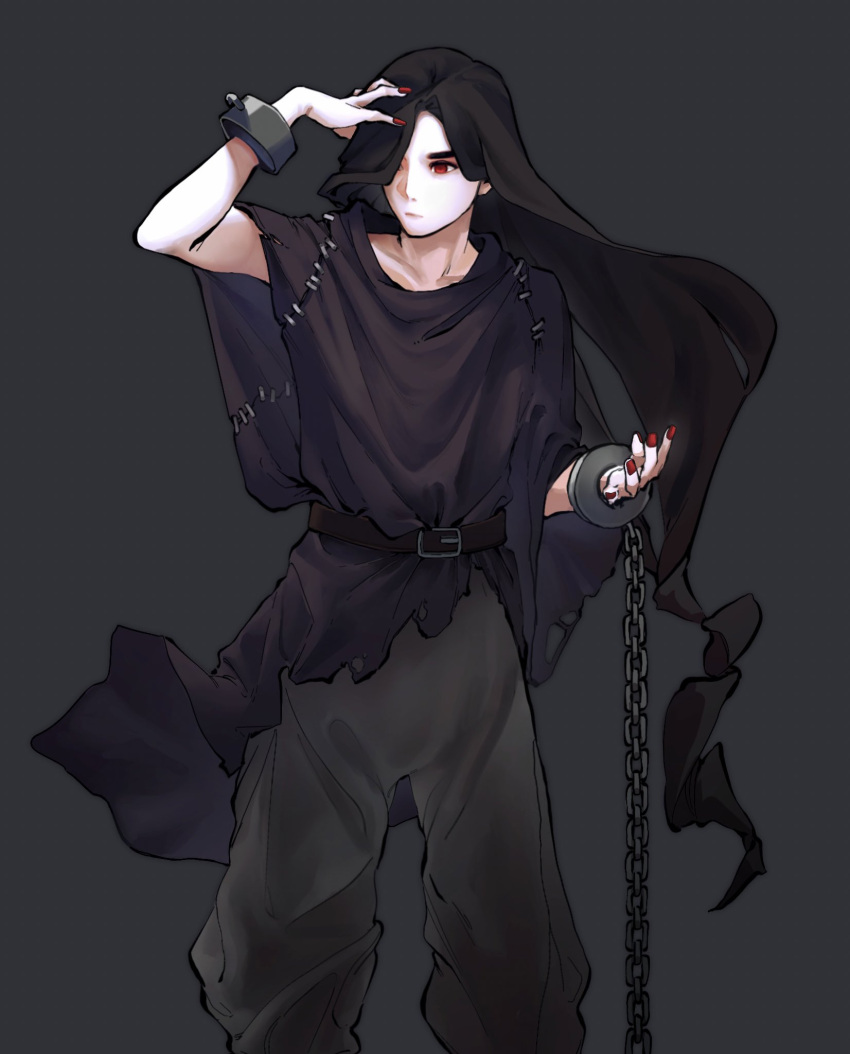 1boy belt chain closed_mouth collarbone cuffs fingernails grey_background hand_on_own_head highres long_fingernails male_focus original red_eyes red_nails shackles simple_background solo stitches torn torn_clothes vampire zero808w