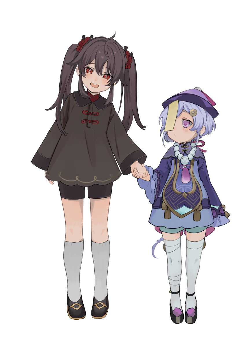 2girls absurdres ahoge aqua_shorts arm_at_side arms_at_sides bandaged_leg bandages bangs bead_necklace beads black_footwear black_hair black_shirt black_shorts braid braided_ponytail child coin_hair_ornament dress flower-shaped_pupils full_body genshin_impact hair_between_eyes hair_ornament hat head_tilt height_difference highres holding_hands hu_tao_(genshin_impact) jewelry kneehighs long_hair long_sleeves looking_at_another looking_at_viewer looking_away looking_to_the_side multiple_girls nakura_hakuto necklace ofuda one_eye_covered platform_footwear prayer_beads purple_dress purple_hair purple_headwear qing_guanmao qiqi_(genshin_impact) red_eyes shirt shorts side-by-side sidelocks simple_background single_braid standing swept_bangs symbol-shaped_pupils tassel thigh-highs toggles twintails very_long_hair violet_eyes white_background white_legwear wide_sleeves younger