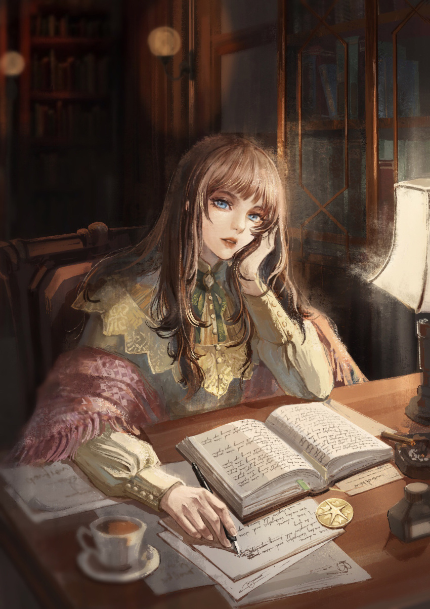 1girl bangs beige_shirt blue_eyes book brown_hair chinese_commentary commentary_request cup desk fors_wall green_neckwear hand_on_own_cheek hand_on_own_face highres holding holding_pen indoors inkwell lamp lips lipstick long_hair long_sleeves looking_at_viewer lord_of_the_mysteries lunara makeup open_book pen pink_shawl shadow shawl shirt solo tea teacup wall