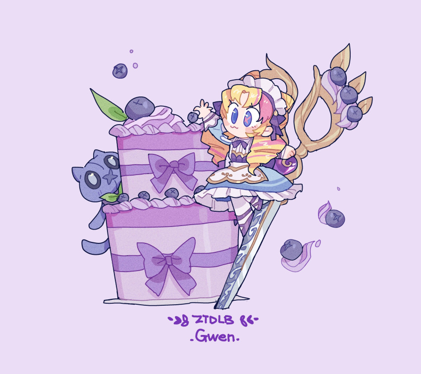 1girl :3 bangs blonde_hair bow bowtie cafe_cuties_gwen cake character_name chibi dress food frilled_dress frills fruit gwen_(league_of_legends) highres league_of_legends long_sleeves maid_headdress multicolored_clothes multicolored_dress multicolored_hair official_alternate_costume pantyhose pink_hair purple_bow shoes solo stuffed_toy two-tone_hair ztdlb