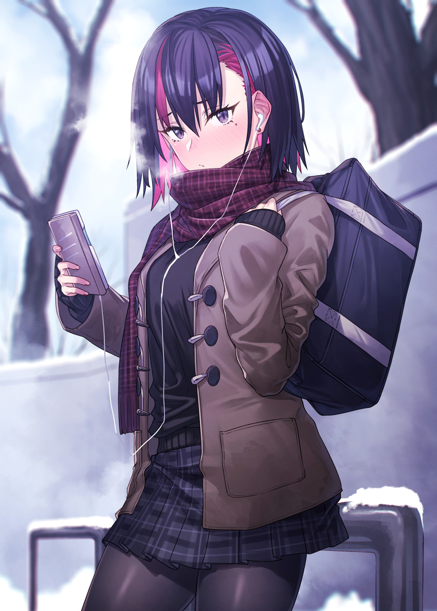 1girl absurdres bag bare_tree black_hair black_legwear blue_bag blush breath brown_jacket cellphone closed_mouth cold earrings eyebrows_visible_through_hair grey_skirt hair_between_eyes highres holding holding_phone ibuki_notsu jacket jewelry looking_at_viewer medium_hair multicolored_hair open_clothes open_jacket original outdoors pantyhose phone pink_hair plaid plaid_skirt purple_hair railing red_scarf scarf school_bag skirt sleeves_past_wrists snow solo streaked_hair tree violet_eyes winter_clothes