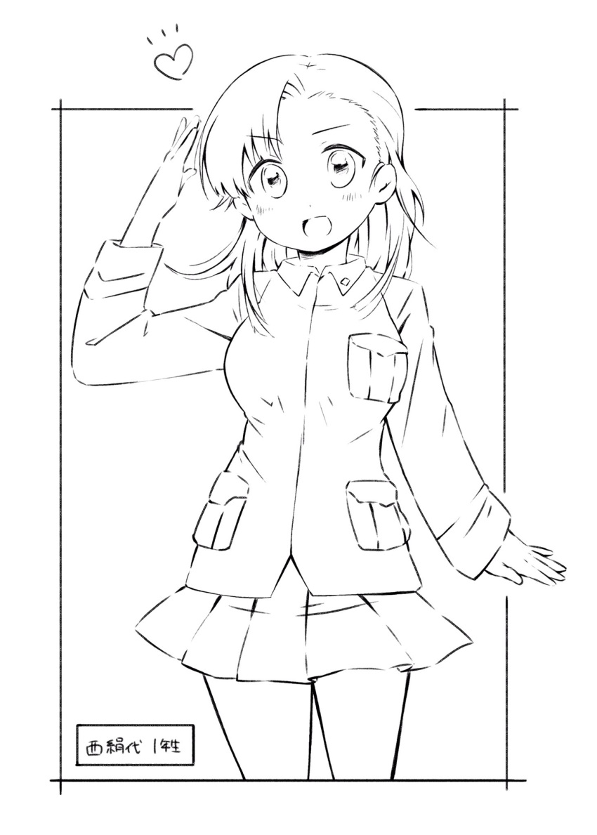 1girl :d asymmetrical_bangs bangs border character_name chi-hatan_military_uniform commentary cowboy_shot girls_und_panzer greyscale heart highres itsumip jacket lineart long_sleeves looking_at_viewer medium_hair military military_uniform miniskirt monochrome nishi_kinuyo notice_lines open_mouth outside_border pleated_skirt skirt smile solo standing straight_hair translated uniform younger