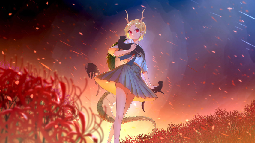 1girl absurdres animal antlers bangs blonde_hair blue_shirt blue_skirt chinese_commentary closed_mouth commentary dragon_girl eyebrows_visible_through_hair feet_out_of_frame flower highres holding holding_animal jiege kicchou_yachie looking_at_viewer otter parted_bangs red_eyes red_flower shirt short_hair skirt smile solo spider_lily standing tail touhou turtle_shell
