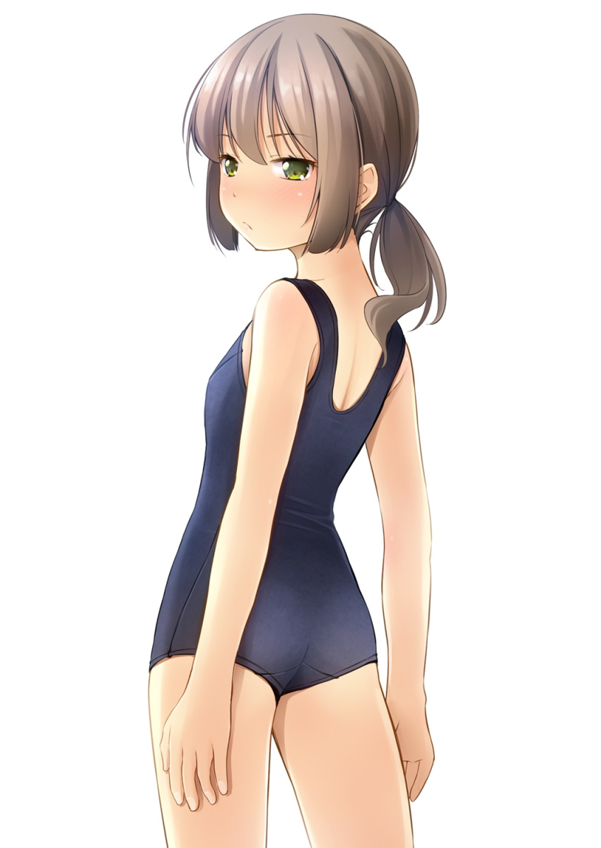 1girl ass bangs bare_arms bare_shoulders blue_swimsuit blush brown_hair closed_mouth commentary_request eyebrows_visible_through_hair from_behind green_eyes highres long_hair looking_at_viewer looking_back old_school_swimsuit one-piece_swimsuit original ponytail school_swimsuit shibacha simple_background solo standing swimsuit thighs white_background