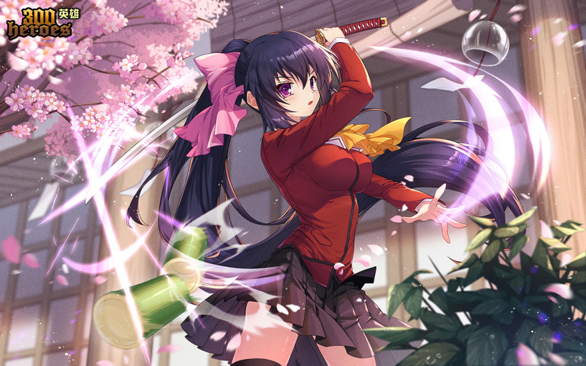 1girl 300_heroes artist_request bamboo black_hair black_legwear black_skirt bow breasts cherry_blossoms flower hair_between_eyes hair_bow holding holding_sword holding_weapon katana large_breasts leaf long_hair looking_at_viewer noihara_himari omamori_himari open_mouth outdoors petals pink_bow pink_flower pleated_skirt ponytail school_uniform skirt solo standing sword thigh-highs tree very_long_hair violet_eyes weapon zettai_ryouiki