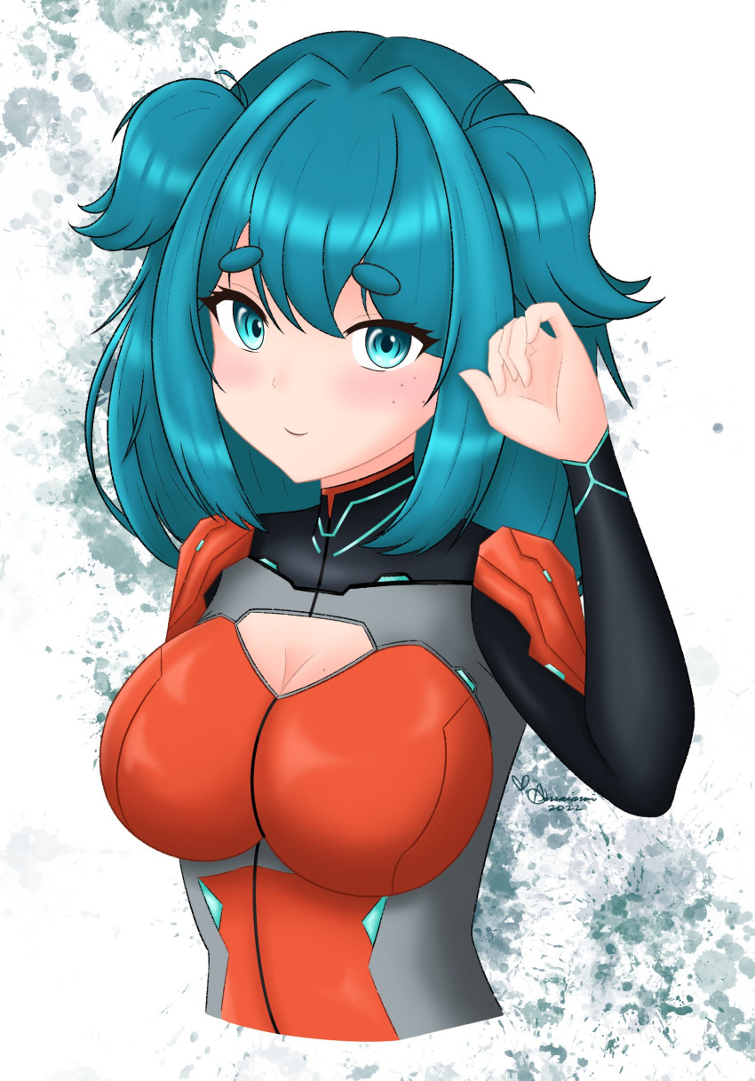 aria_rin blue_eyes blue_hair breasts highres large_breasts mecha_pilot original plugsuit short_hair smile thick_eyebrows virtual_youtuber